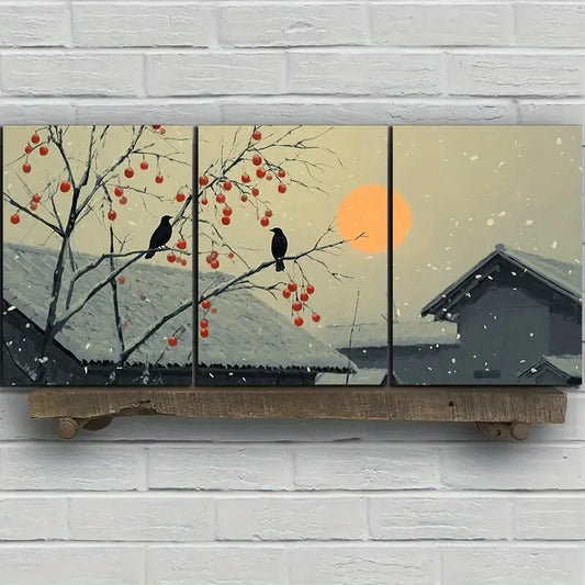 3pcs The Tree on The Eaves Sun Snowy Metal Print Ready to Hang Art