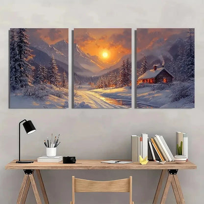 3pcs Snowy Mountain Landscape Cozy Cabin Scene Metal Print Ready to Hang Art