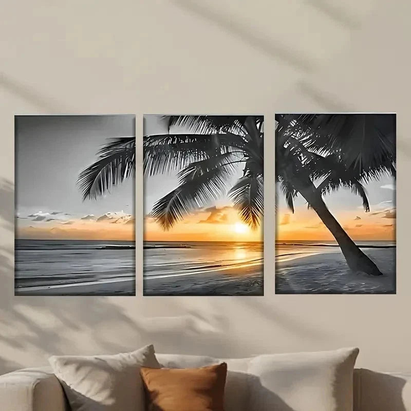 3pcs Serene Beach Sunset with Palm Tree Wall Art Set Canvas Framed 40x60cm - High Quality Print 100% Australian Made Wall Canvas Ready to Hang
