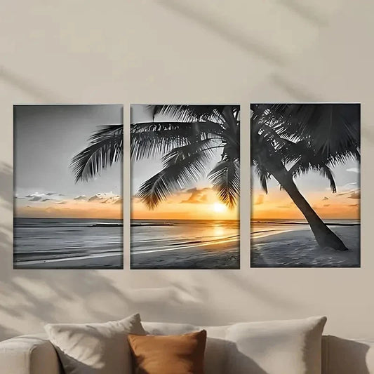 3pcs Serene Beach Sunset with Palm Tree Wall Art Set Canvas Framed 40x60cm - High Quality Print 100% Australian Made Wall Canvas Ready to Hang