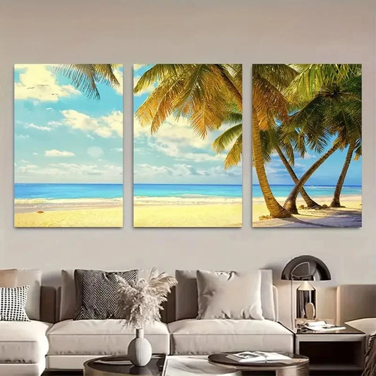 3pcs Coastal Triptych with Palm Trees & Ocean View Metal Print Ready to Hang Art