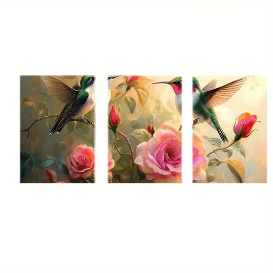 3pcs Abstract Hummingbirds & Floral Painting Metal Print Ready to Hang Art