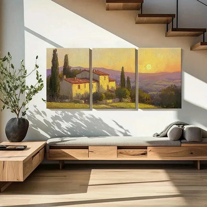 3pcs Tuscan Villa Sunset Landscape Warm Colors Metal Print Ready to Hang Art