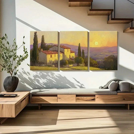 3pcs Tuscan Villa Sunset Landscape Warm Colors Metal Print Ready to Hang Art