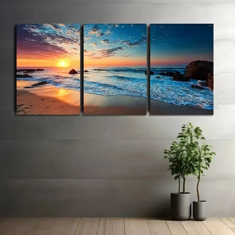 3pcs Sunset Beach Waves Poster Metal Print Ready to Hang Art
