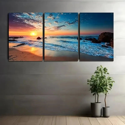 3pcs Sunset Beach Waves Poster Metal Print Ready to Hang Art