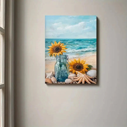 Canvas print of sunflowers, a jar, and seashells on a beach with ocean view.