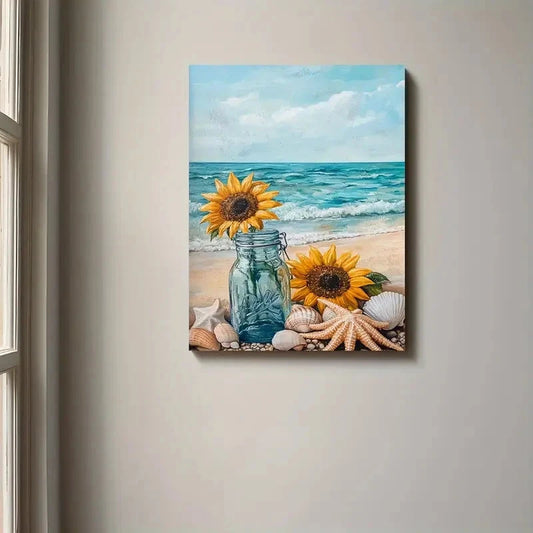 Canvas print of sunflowers, a jar, and seashells on a beach with ocean view.