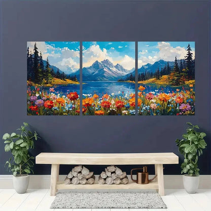 3pcs Vibrant Spring Mountain Art Painting Metal Print Ready to Hang Art