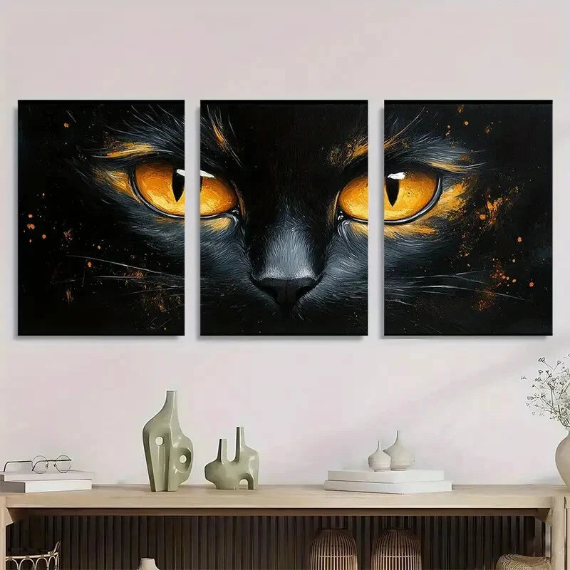 3pcs Vibrant Black White Cat Golden Eyes Metal Print Ready to Hang Art