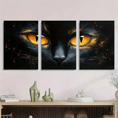 3pcs Vibrant Black White Cat Golden Eyes Metal Print Ready to Hang Art