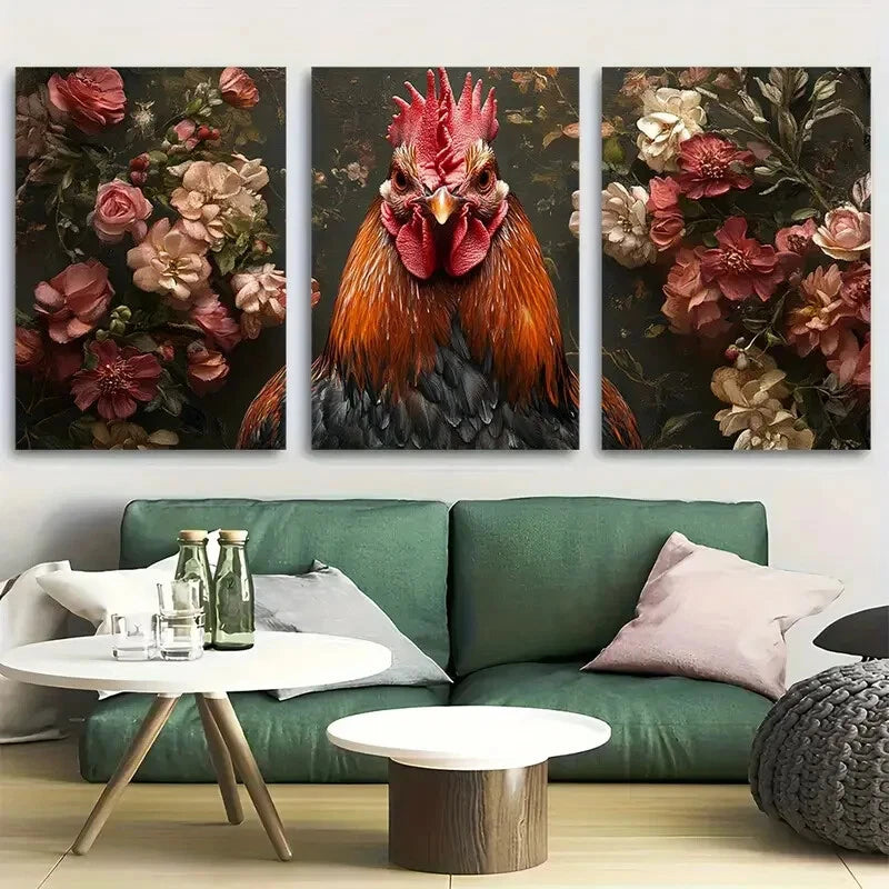 3pcs Dark Academia Renaissance Rooster & Floral Metal Print Ready to Hang Art