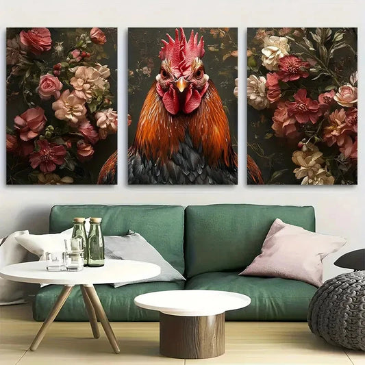 3pcs Dark Academia Renaissance Rooster & Floral Metal Print Ready to Hang Art