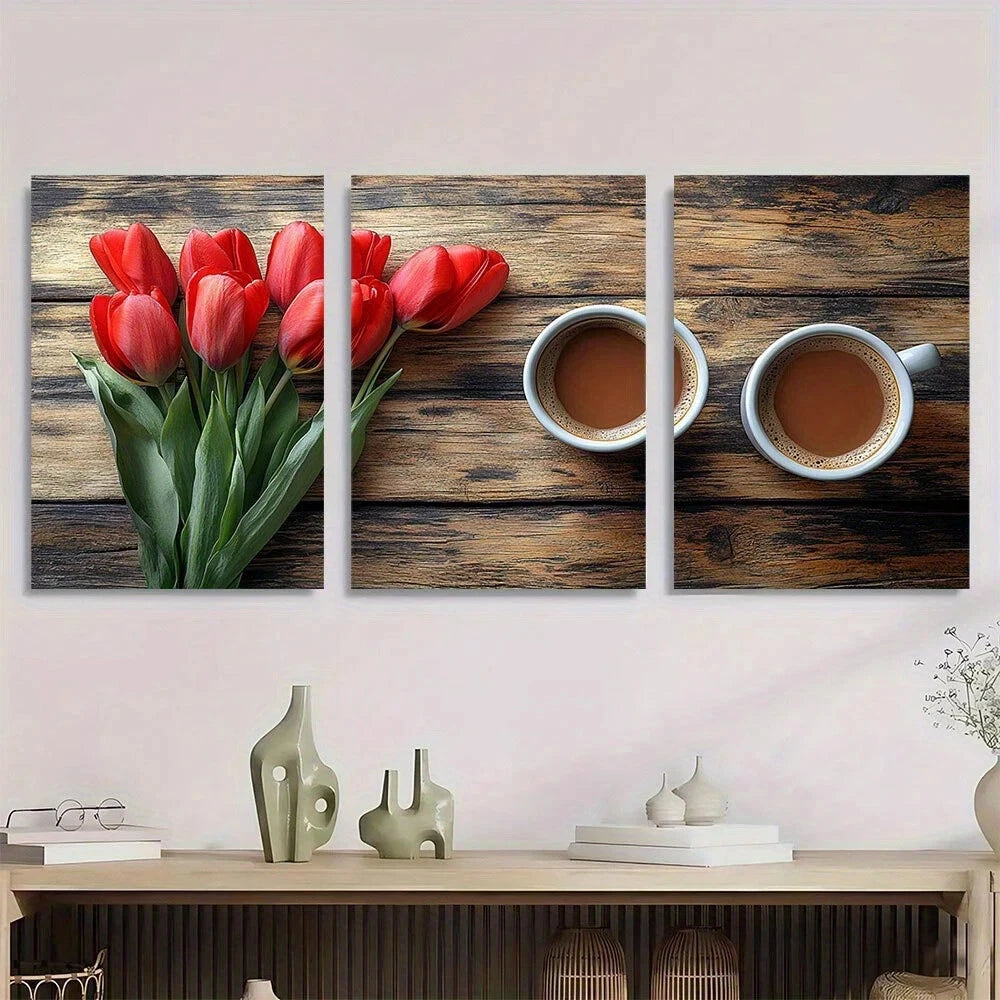3pcs Vibrant Red Modern Tulips & Coffee Metal Print Ready to Hang Art