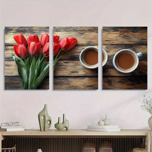3pcs Vibrant Red Modern Tulips & Coffee Metal Print Ready to Hang Art