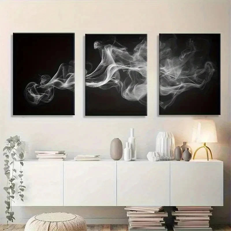 3pcs Monochrome Smoke Flow Mural Painting Metal Print Ready to Hang Art