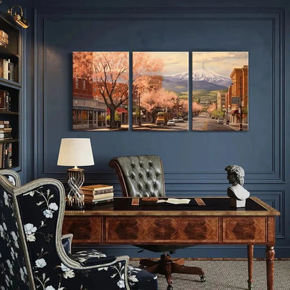 3pcs Spring Townscape with Snowy Mountain Metal Print Ready to Hang Art