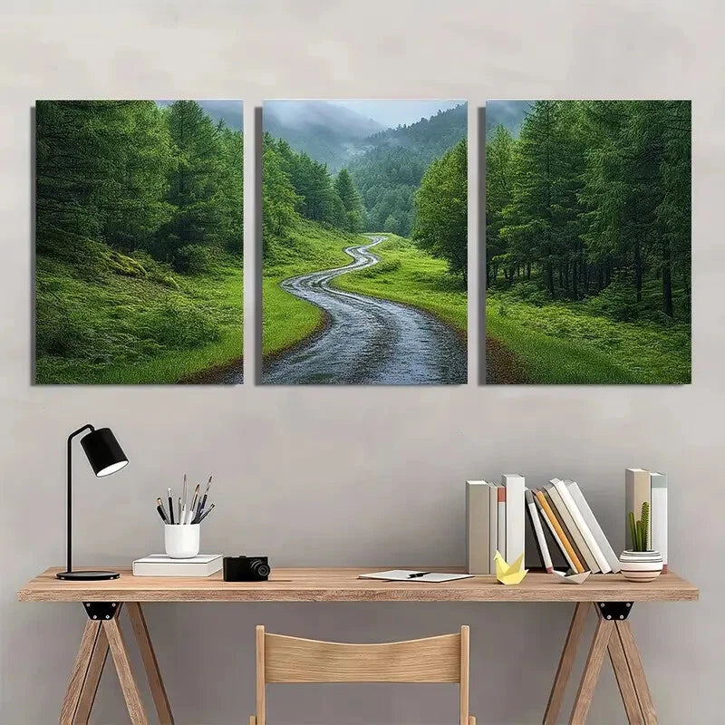 3pcs Vibrant Green Trees & Winding Pathway Metal Print Ready to Hang Art