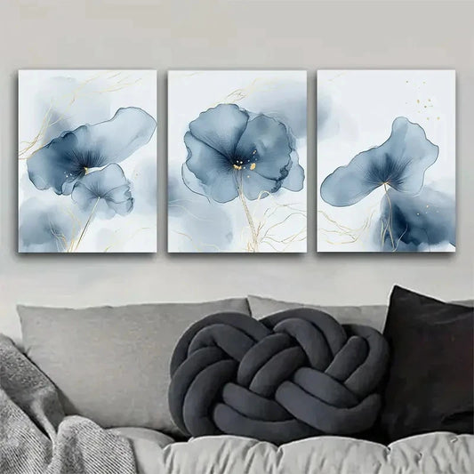 3pcs Elegant Blue Flower Watercolour Metal Print Ready to Hang Art