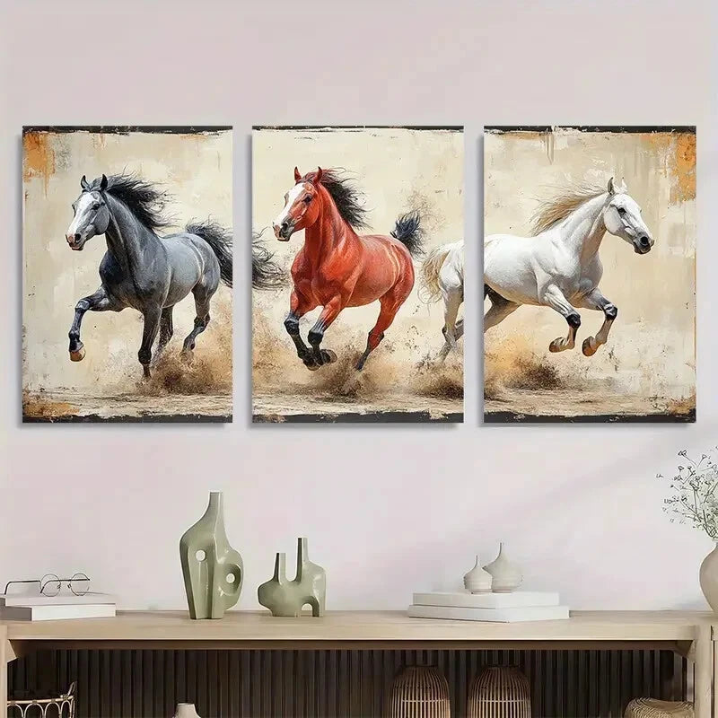 3pcs Vintage Running Horses Elegant Animal Metal Print Ready to Hang Art