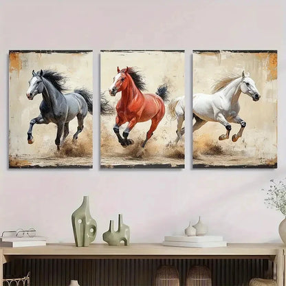 3pcs Vintage Running Horses Elegant Animal Metal Print Ready to Hang Art
