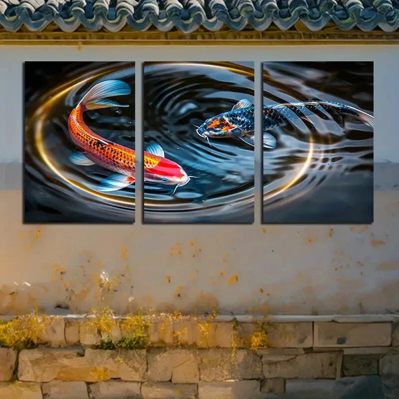 3pcs Two Koi Fish with Magical Circle Design Metal Print Ready to Hang Art