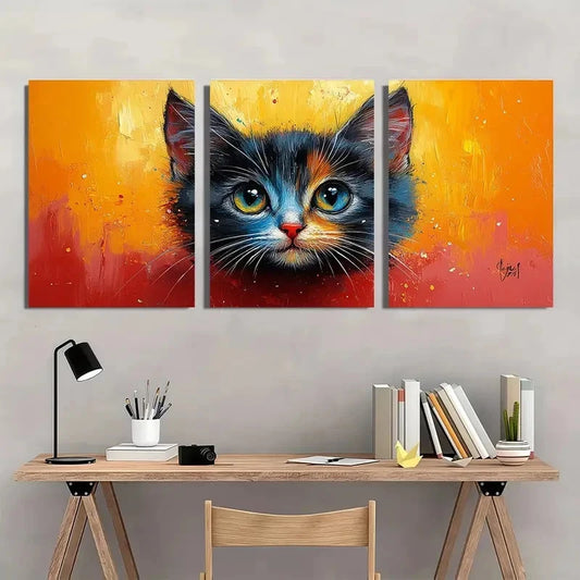 3pcs Gorgeous Abstract Blue and Orange Kitten Metal Print Ready to Hang Art