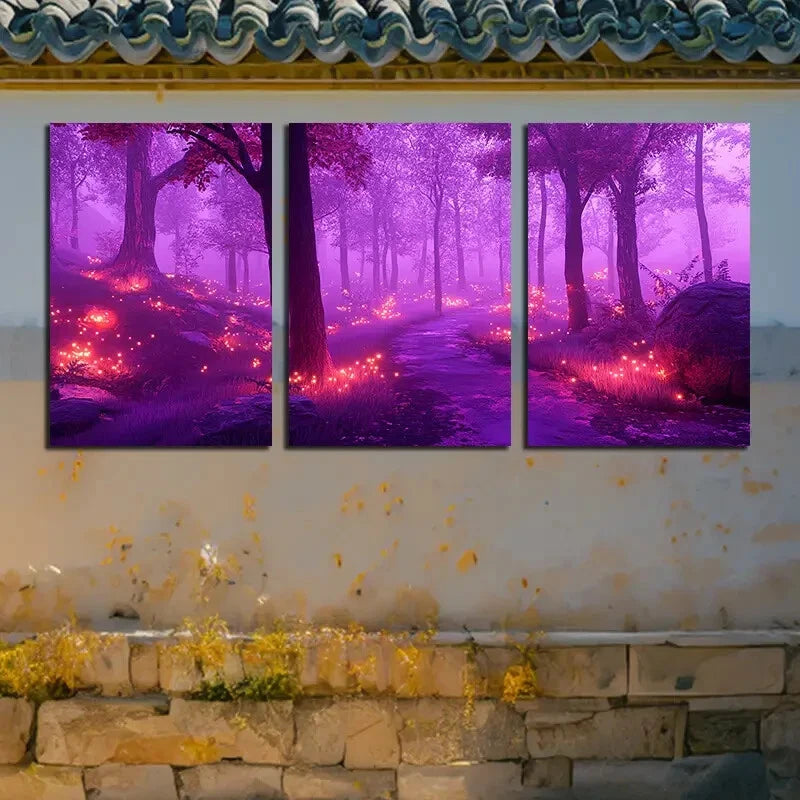3pcs Fluorescent Forest Purple Illustration Metal Print Ready to Hang Art