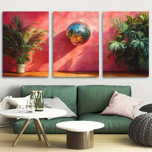 3pcs Disco Ball with Lush Greenery Design Metal Print Ready to Hang Art