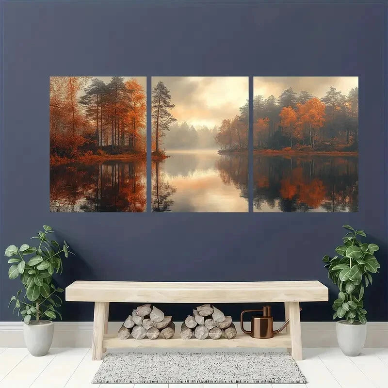 3pcs Autumn Woodland Landscape Nature Art Metal Print Ready to Hang Art