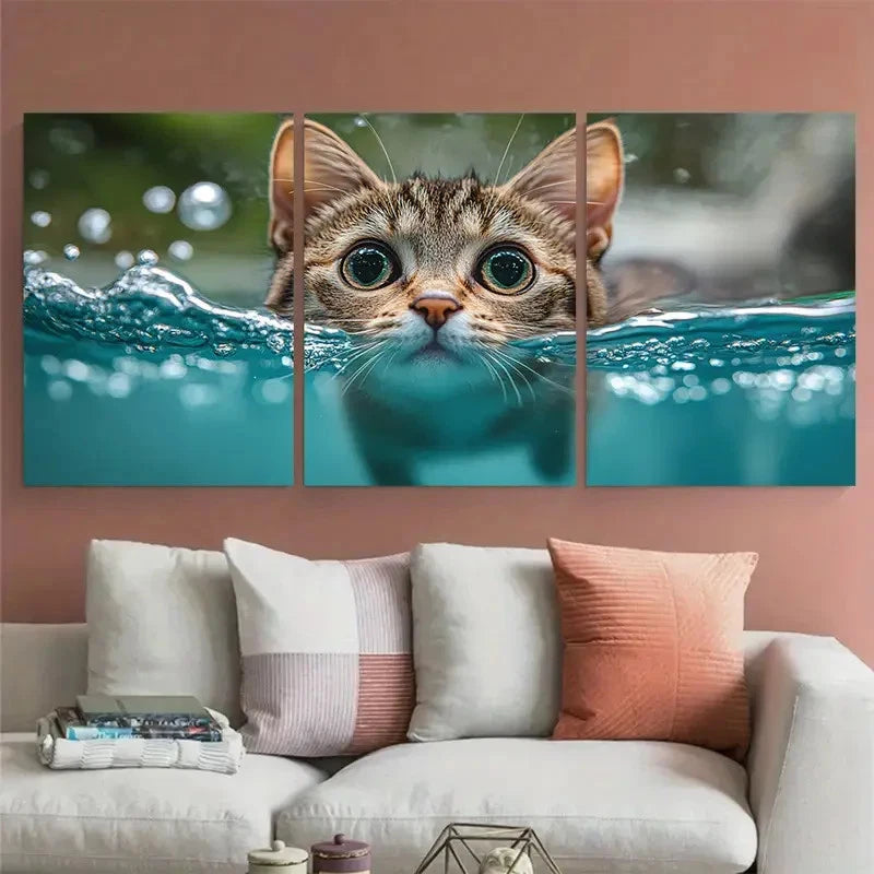 3pcs Funny Cat Swimming in Pool Illustration Wall Art Set Canvas Framed 40x60cm - High Quality Print 100% Australian Made Wall Canvas Ready to Hang