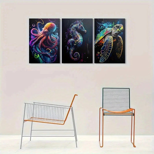 3pcs Colorful Sea Life Octopus Seahorse Turtle Metal Print Ready to Hang Art
