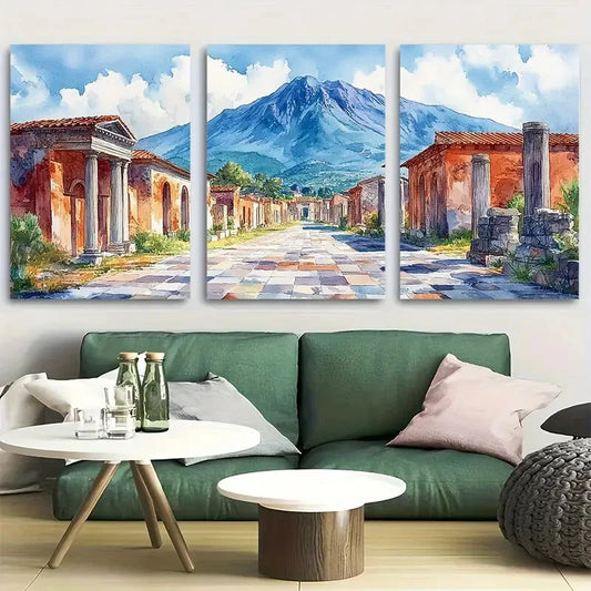3pcs Pompeii Travel Italy Vintage Watercolor Metal Print Ready to Hang Art