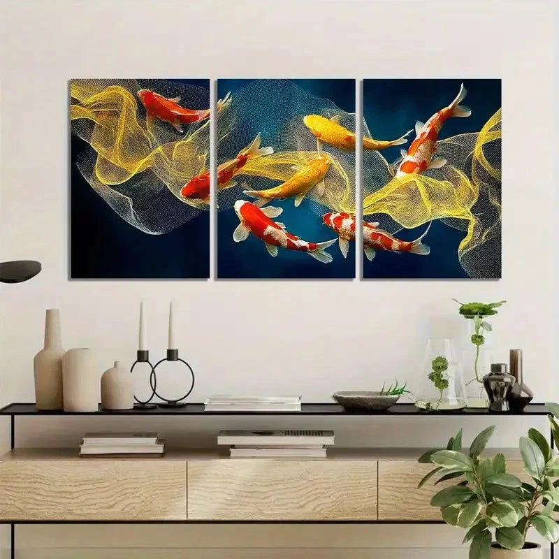 3pcs Golden and Red Koi Fish in Dark Water Metal Print Ready to Hang Art