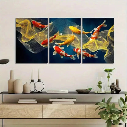 3pcs Golden and Red Koi Fish in Dark Water Metal Print Ready to Hang Art