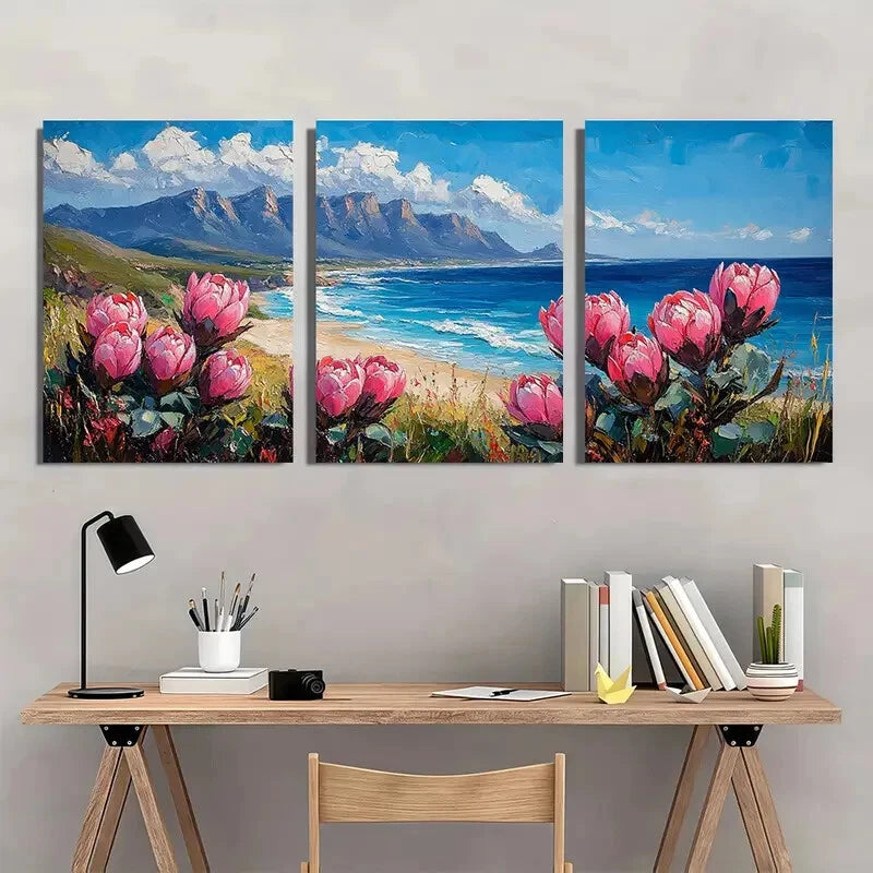 3pcs Vibrant Protea Flowers & Beach Scene Metal Print Ready to Hang Art