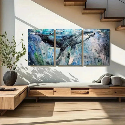 3pcs Sea Life Mammals Whales Splash Ink Wall Art Set Canvas Framed 40x60cm - High Quality Print 100% Australian Made Wall Canvas Ready to Hang