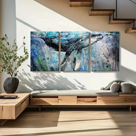 3pcs Sea Life Mammals Whales Splash Ink Wall Art Set Canvas Framed 40x60cm - High Quality Print 100% Australian Made Wall Canvas Ready to Hang
