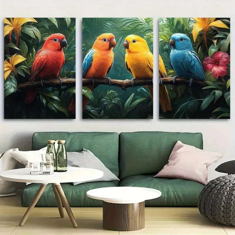 3pcs Vibrant Tropical Birds in Jungle Metal Print Ready to Hang Art