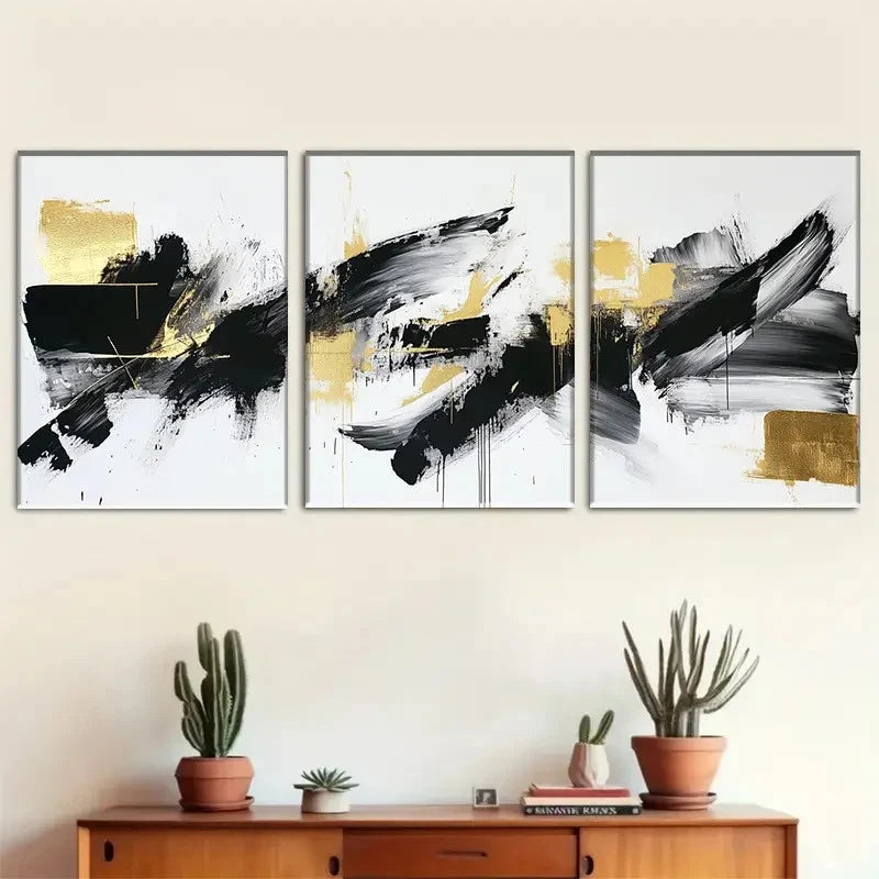 3pcs Abstract Black and Golden Penstroke Design Metal Print Ready to Hang Art