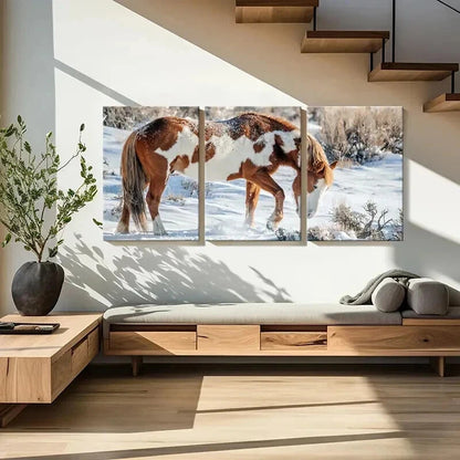 3pcs Snowy Landscape with Brown and White Horse Wall Art Set Canvas Framed 40x60cm - High Quality Print 100% Australian Made Wall Canvas Ready to Hang