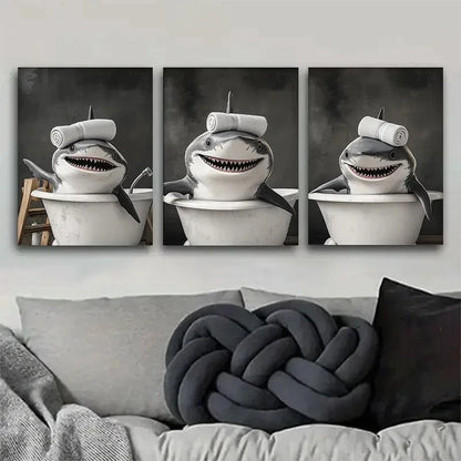 3pcs Shark Bath Three-Panel Painting Metal Print Ready to Hang Art
