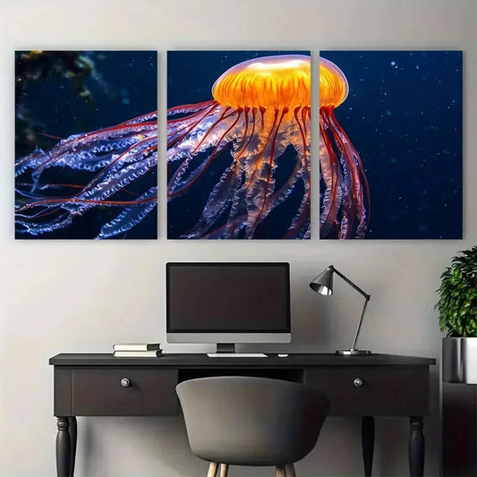 3pcs Vibrant Jellyfish Fiery in Deep Blue Sea Metal Print Ready to Hang Art
