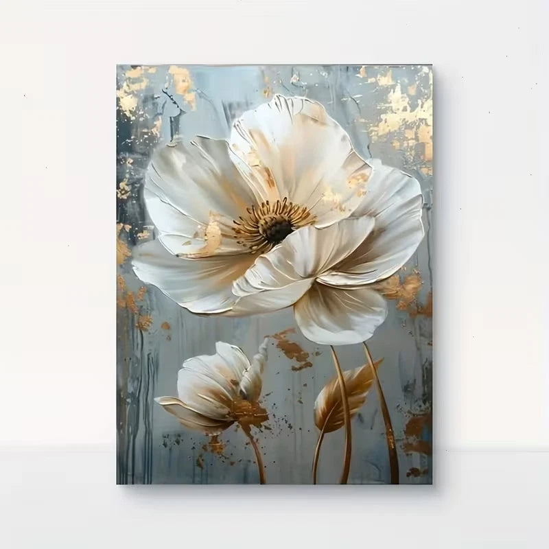 White Floral with Golden Accents European Style 60x90cm Metal Print Ready to Hang