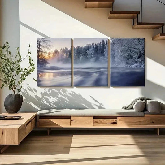 3pcs Snowy Forest Misty Landscape Serene River Wall Art Set Canvas Framed 40x60cm - High Quality Print 100% Australian Made Wall Canvas Ready to Hang