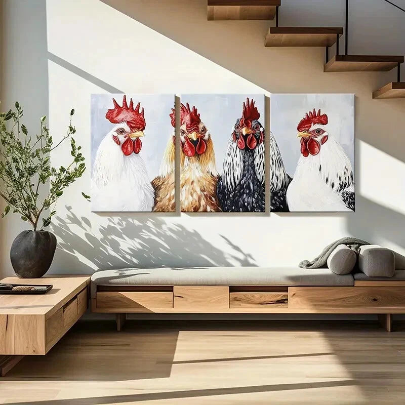 3pcs Roosters Vibrant Colors Detailed Feathers Metal Print Ready to Hang Art