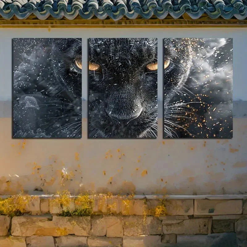 3pcs Black Cat Closeup Modern Wildlife Themed Metal Print Ready to Hang Art