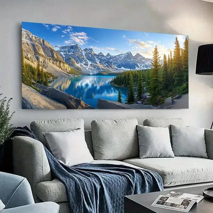 Sunlit Mountain and Lake wall canvas office home room framed 120x60cm - Bella Home Decor