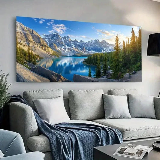 Sunlit Mountain and Lake wall canvas office home room framed 120x60cm - Bella Home Decor
