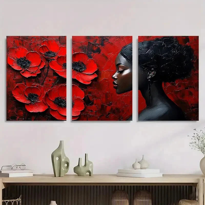 3pcs Modern Abstract Vibrant Red Poppies & Black Metal Print Ready to Hang Art